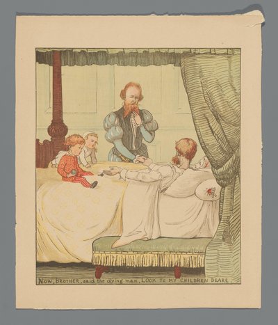 Zwei Kinder und ein Mann an einem Krankenbett av Randolph Caldecott