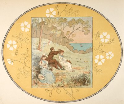 Två kvinnor och en man sitter i en glänta nära kusten. Blommig kant. av Randolph Caldecott
