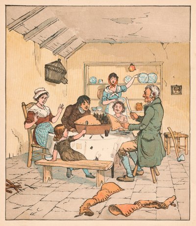 När pajen öppnades började fåglarna att sjunga, 1880. av Randolph Caldecott