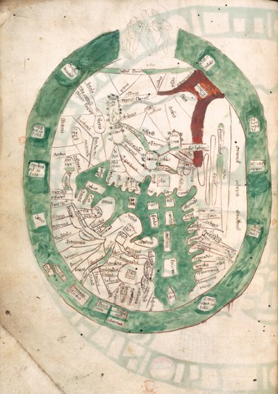 Karta över världen, f.2v från Polychronicon, c.1400 (vellum) av Ranulf Higden