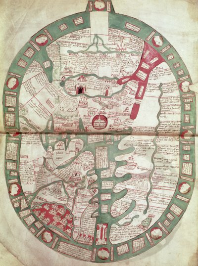 Roy.Ms.14 C. f.1 1v-2r Karta över världen med Jerusalem som centrum, Polychronicon, c.1380 (vellum) av Ranulf Higden