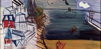 Lastbåt vid Sainte-Adresse, efter 1945 (olja på hårdpapp) av Raoul Dufy