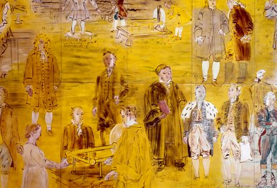 La Fee Electricite, detalj: Porträtt av olika vetenskapsmän: Henry Cavendish, Le Monnier, Franz Aepinus, Denis Papin, Joseph Priestley, Luigi Galvani, Carl Friedrich Gauss, Simeon-Denis Poisson, Pierre Simon de Laplace och Charles de Coulomb. 1937 (färg av Raoul Dufy