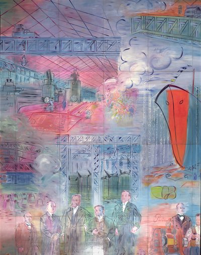 La Fee Electricite, detalj av den vänstra sidan som föreställer järn- och stålindustrin av Raoul Dufy