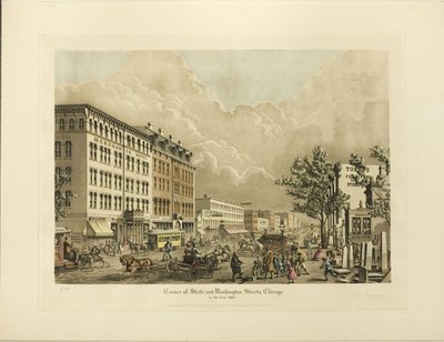 Corner of State och Washington Streets, Chicago, år 1865 av Raoul Varin