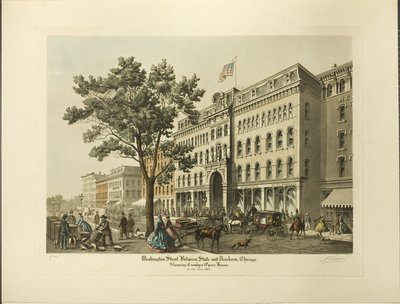 Washington Street mellan State och Dearborn, Chicago, visar Crosbys operahus år 1864 av Raoul Varin