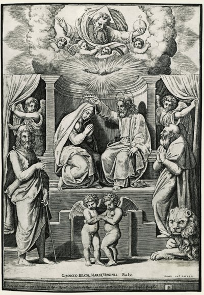 Jungfruns kröning i närvaro av Johannes Döparen och Sankt Hieronymus av Raphael (1483 1520) (after)