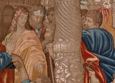 flamländsk gobeläng. Serie Apostlagärningarna. Den lame mannens mirakel (El milagro del paralítico). Tredje gobelängen i serien. Modell tecknad av Rafael Sanzio. 1519. Tillverkning Jan Raes II, Bryssel. Ca1605-1629. Tyg Siden och ull. Storlek 524 x 400 av Raphael
