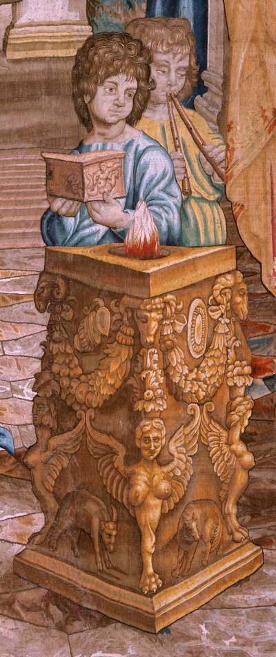 flamländsk gobeläng. Serien Apostlagärningarna. Saint Paul och Saint Barnabas i Lystra (San Pablo y San Bernabé en Lystra). 8:e duken i serien, den delades i två för att anpassa den till rummet. Modell tecknad av Rafael Sanzio. 1519. Tillverkning Jan Raes av Raphael