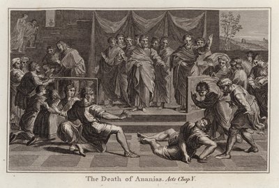 Raphael tecknad: Ananias död, Apostlagärningarna, Kap V (gravyr) av after Raphael