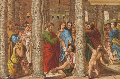 Helandet av den lame mannen (färglitografi) av Raphael (1483-1520) (after)