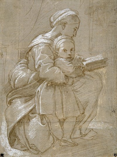 En kvinna som sitter på en stol och läser, med ett barn som står vid hennes sida (metallspets & vit kroppsfärg på papper) av Raphael