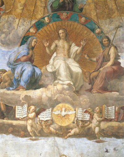 Kristus flankerad av den heliga jungfru Maria och Johannes Döparen, detalj i disputationen av det heliga sakramentet av Raphael