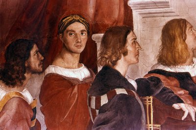 Detalj med Rafael (i mitten) från mässan i Bolsena. 1514. Freskomålning av Rafael (14831520):Raffaello Sanzio. av Raphael (1483-1520)
