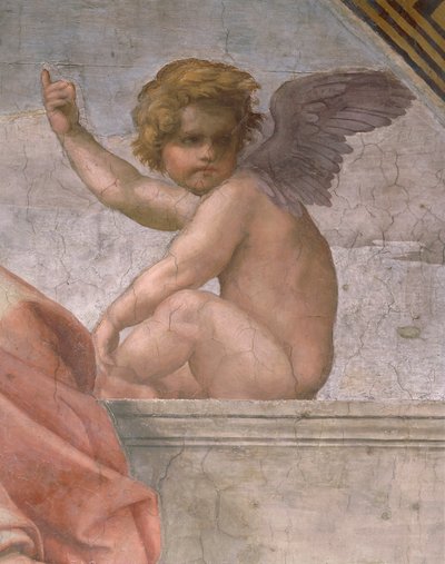 Putto porträtterar Tro, detalj av kardinal och teologiska dygder och lagen av Raphael (1483 1520)