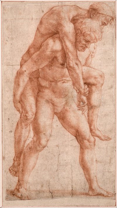 Ung man som bär en gammal man på ryggen (Aeneas och Anchises), ca 1514 (sangvinskt på papper) av Raphael (1483-1520)
