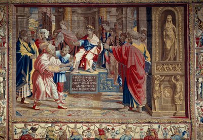 Aposteln Petrus och Paulus liv: "" straffet för Barjesu (Elymas) judisk magiker som motsatte sig Paulus och var tillfälligt blind""" Scenen utspelar sig framför den romerske prokonsuln Lucius Sergius Paulus och Saint Barnaba. Du kan se inskriptionen i av after Raphael