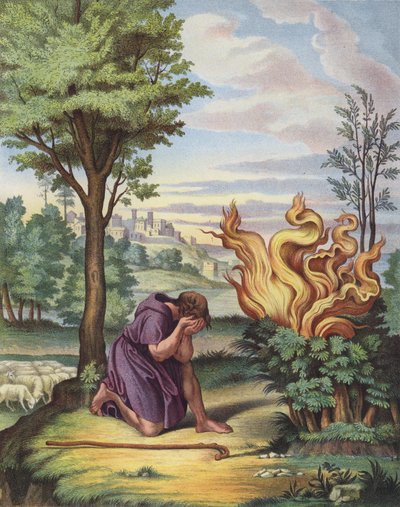 Moses och den brinnande busken (färg litho) av after Raphael