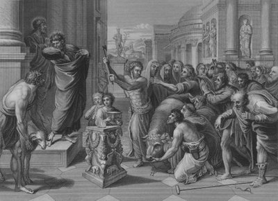 Paulus och Barnabas i Lystra, Apg 14, vers 8-19 (gravyr) av after Raphael