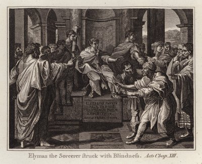 Raphael tecknad: Elymas the Sorcerer Struck with Blindness, Acts, Kap XIII (gravyr) av after Raphael