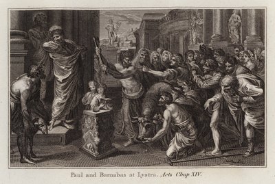 Raphael tecknad: Paulus och Barnabas i Lystra, Apostlagärningarna, Kap XIV (gravyr) av after Raphael