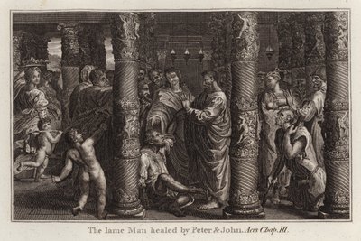 Raphael tecknad: Den lame mannen helad av Peter och Johannes, Apostlagärningarna, kapitel III (gravyr) av after Raphael