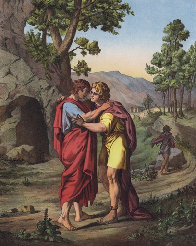 Det sista mötet mellan David och Jonathan (färg litho) av after Raphael