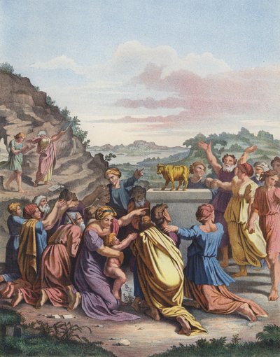 Dyrkan av den gyllene kalven (färg litho) av after Raphael