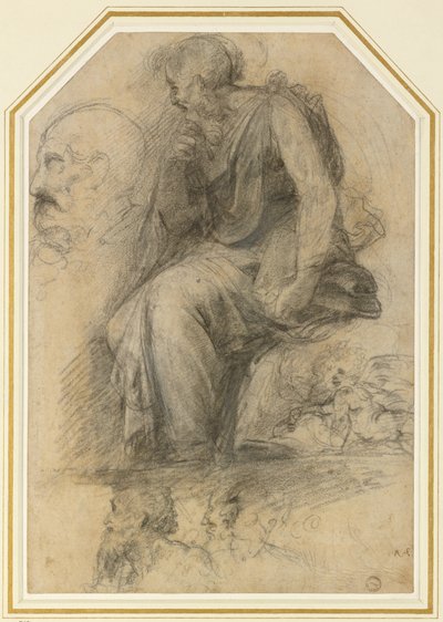 Ett manligt helgon, sittande (St Paul): Study for the Disputa, WA1846.189 (kol med vit höjning) av Raphael