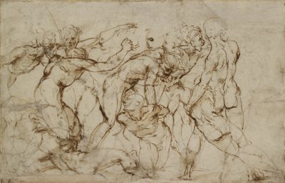 Stridsscen med fångar som drevs (penna och brunt bläck över svaga markeringar i svart krita på blågrått papper) av Raphael