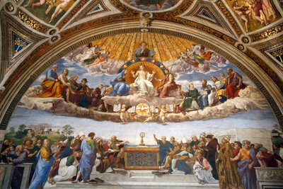 Disputation av det heliga sakramentet, i Stanza della Segnatura (färsk) av Raphael (1483 1520)
