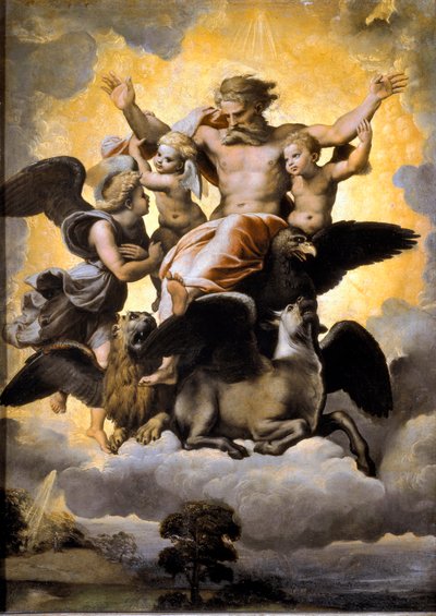 Hesekiels vision. Med tetramorfen omgiven av kerubiner. (Målning av Raphael