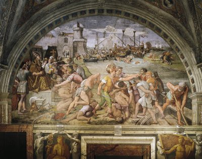 Fläktljus, fresker av Raffaello Sanzio (1483-1520) och anhängare, föreställande slaget vid Ostia, Stanza dell