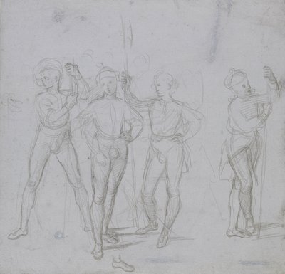 Grupp om fyra stående soldater (silverpoint på en blågrå preparat på benvitt papper) av Raphael