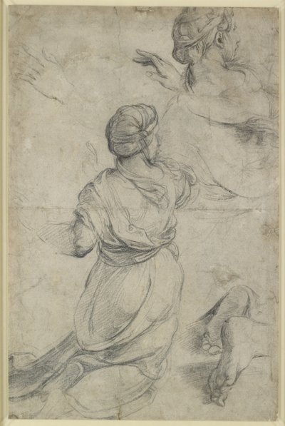 Recto: Studies for two kneing Women, WA1846.198 (svart krita) av Raphael