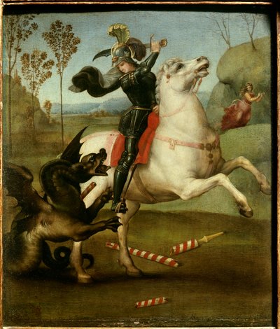 Saint George kämpar med draken Raphael (1483-1520/italiensk) Olja på träpanel - "" Saint Georges kämpar med draken""" Målning av Raffaello Sanzio (Raphael) (1483-1520) 1505 Sön. 0,29x0,25 m av Raphael