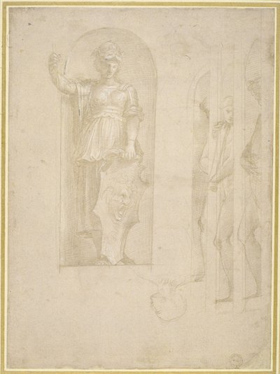 Studier för en figur av Minerva och andra statyer (silverspets med vit förhöjning på papper) av Raphael