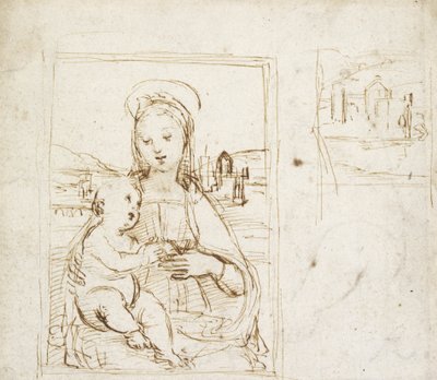 Studera för en bild av jungfrun och barnet (penna och brunt bläck över metallspets på vitt papper) av Raphael