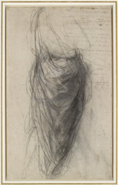 Studie för draperiet av en man i bakifrån (svarta och vita kritor med brunsvart krita, delvis stumpad, på blekt gulfärgat papper) av Raphael