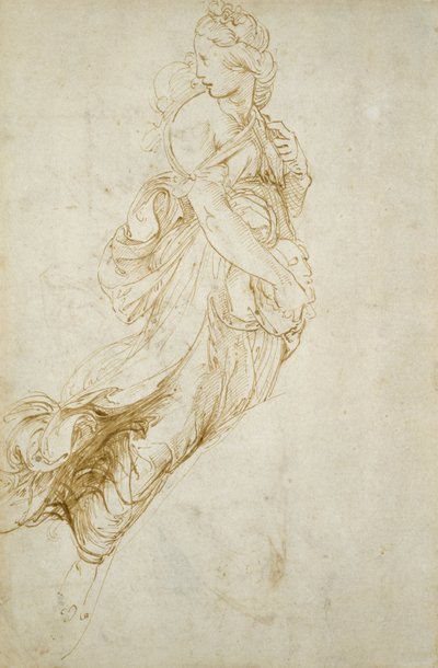 Studie för figuren av Melpomene (penna och brunt bläck på benvitt papper) av Raphael