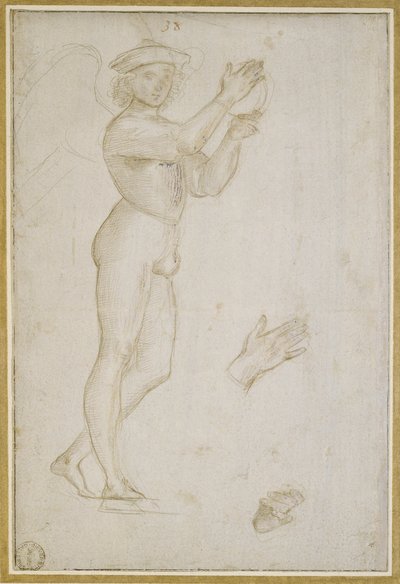 Studie av en ung man som gör musik (silverspets, förhöjd med kroppsfärg, på ett blekt stengrå preparat) av Raphael