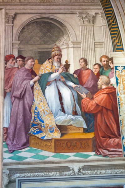 Leveransen av dekreterna till påven Gregorius IX, ca 1501-1520 (fresk) av Raphael (1483-1520)