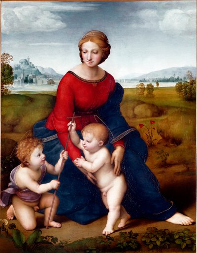 The Virgin in the Prairie eller Madonna of the Belvedere Målning av Raphael (Raffaello Sanzio 1483-1520) 1506 Sön. 113 X 88 cm Vienna Kunsthistorisches Museum av Raphael