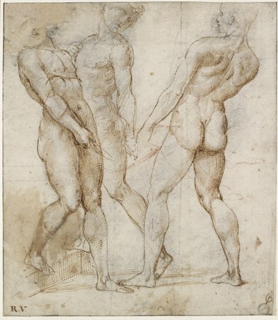 Tre nakenbärare (studie för Kristi gravläggning), WA1846.173 (penna & brunt bläck över svart krita, med röd krita över geometriska indikationer) av Raphael