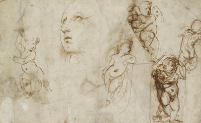 Olika studier, främst för Borghese-Beckford St Catherine (penna och brunt bläck på benvitt papper) av Raphael