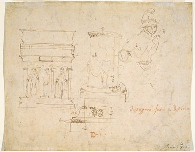 Arkitektoniska detaljer och en soldat [verso] av Raphael