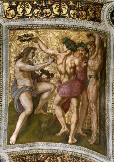 Marsyas och Apollo. Takfresco i Stanza della Segnatura, ca 1510-1511. av Raphael