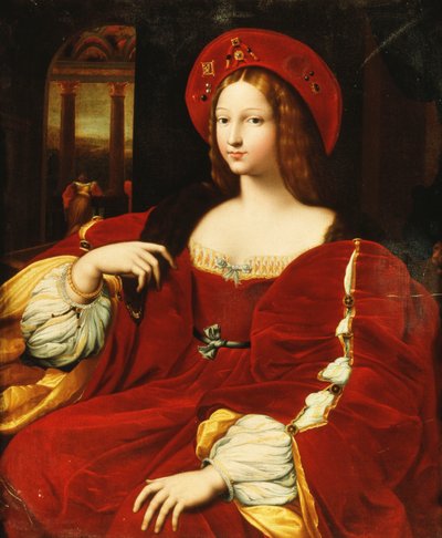Porträtt av Giovanna av Aragon, sittande tre fjärdedels längd, i hennes kammare, av Raphael