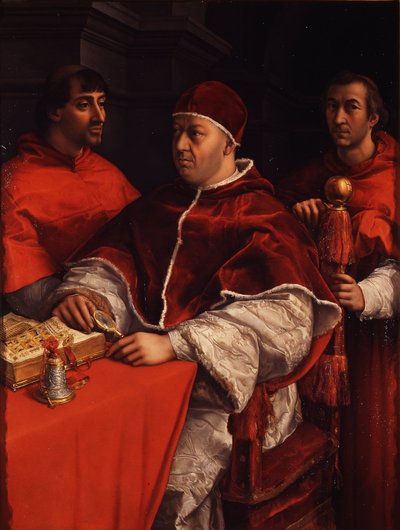 Porträtt av påven Leo X med kardinalerna Giulio de Medici och Luigi de Rossi, ca 1518 av Raffaello Sanzio Raphael