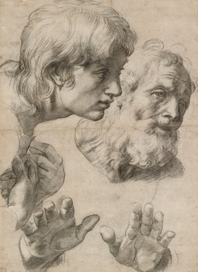 Studier av två apostlars huvuden och deras händer, 1500-talet av Raphael